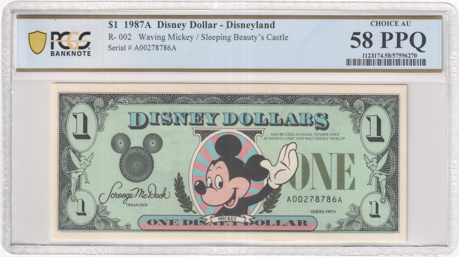 1987A R-002 $1 Disney Dollar Waving Mickey/Sleeping Beauty\'s Castle PCGS 58 PPQ