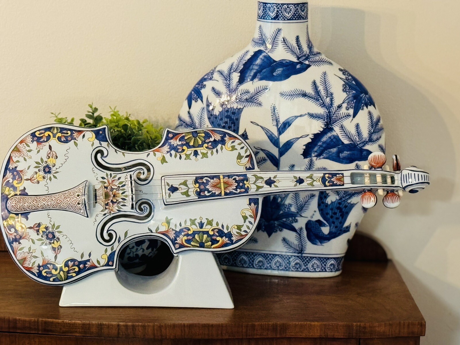 Rare HB Henriot Quimper Pottery French Faience Figural Violin w Stand- France