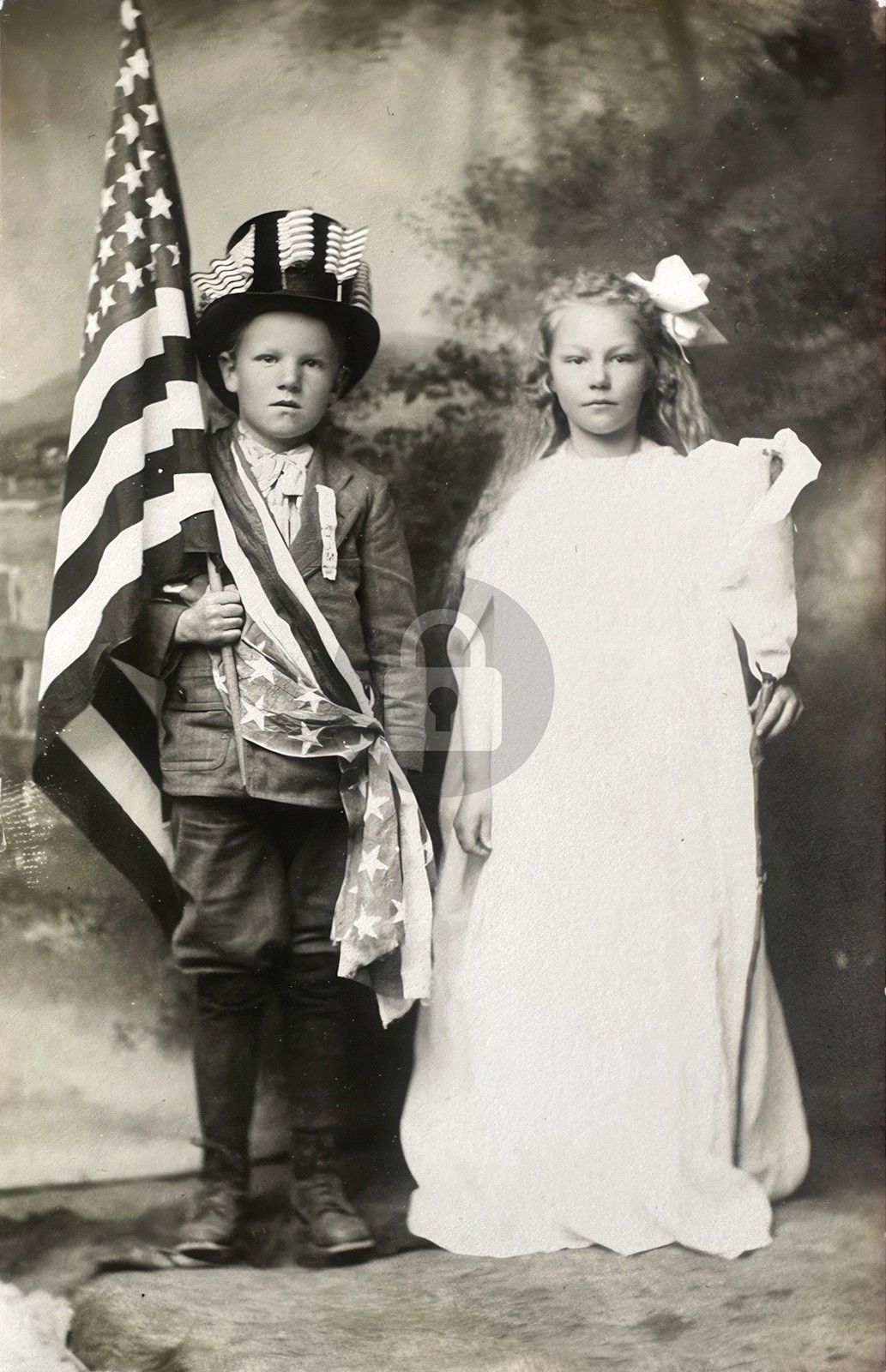 1910s/20s girl & boy American flag patriotic RPPC Photo Postcard COPY
