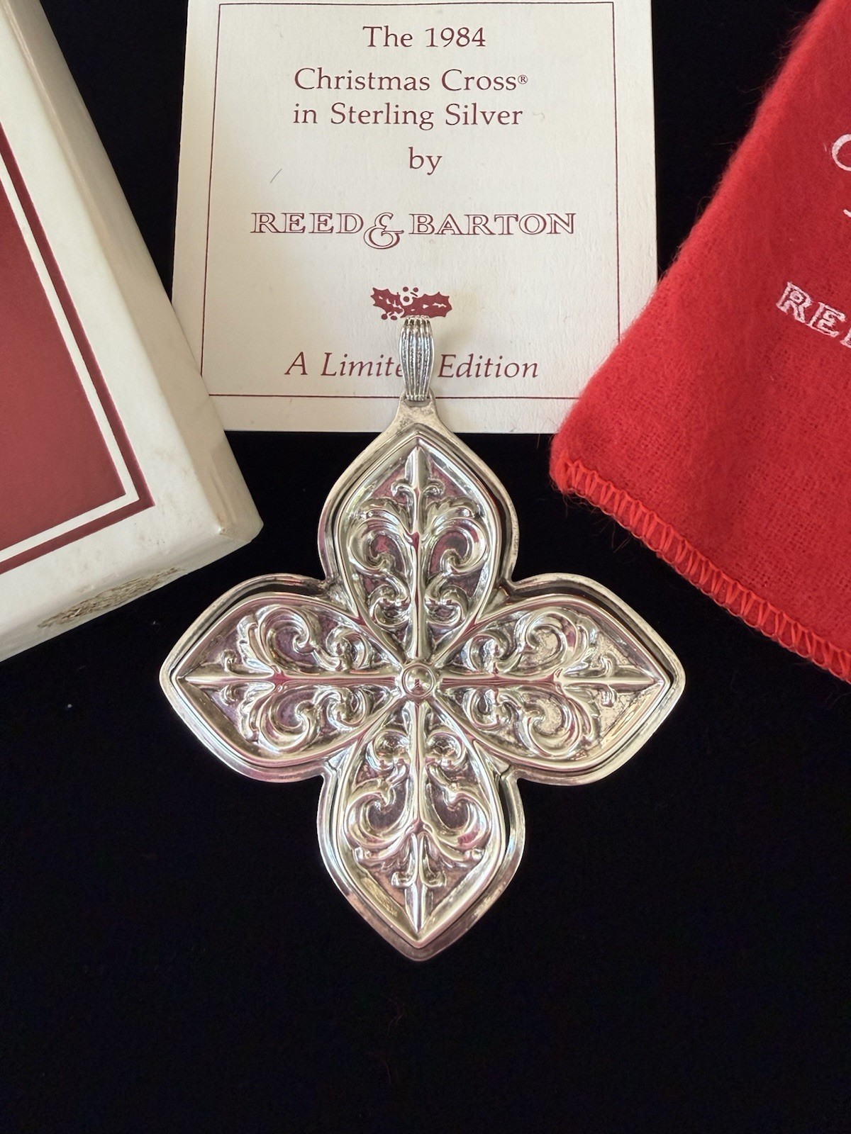 Reed & Barton 1984 Sterling Silver Cross Christmas Ornament Pendant Box & Bag