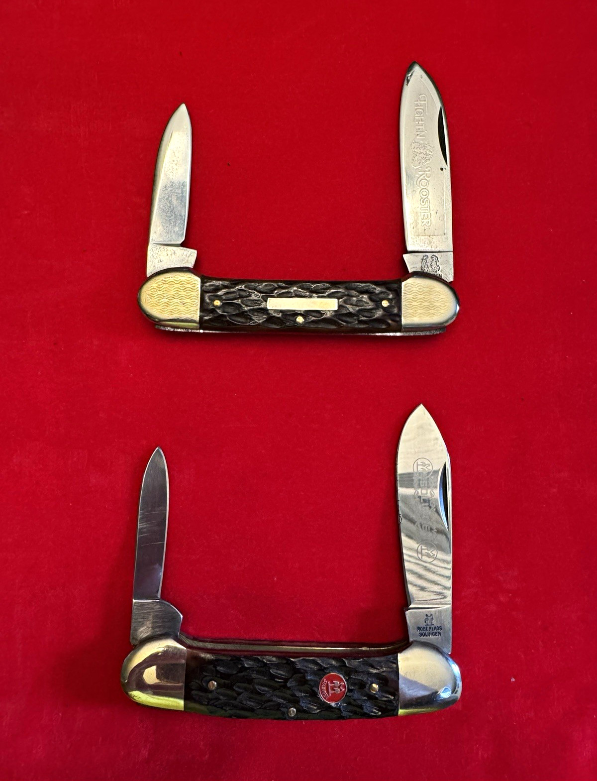 Fight N Rooster & Kissing Crane Canoe Pocketknife Bone Handle