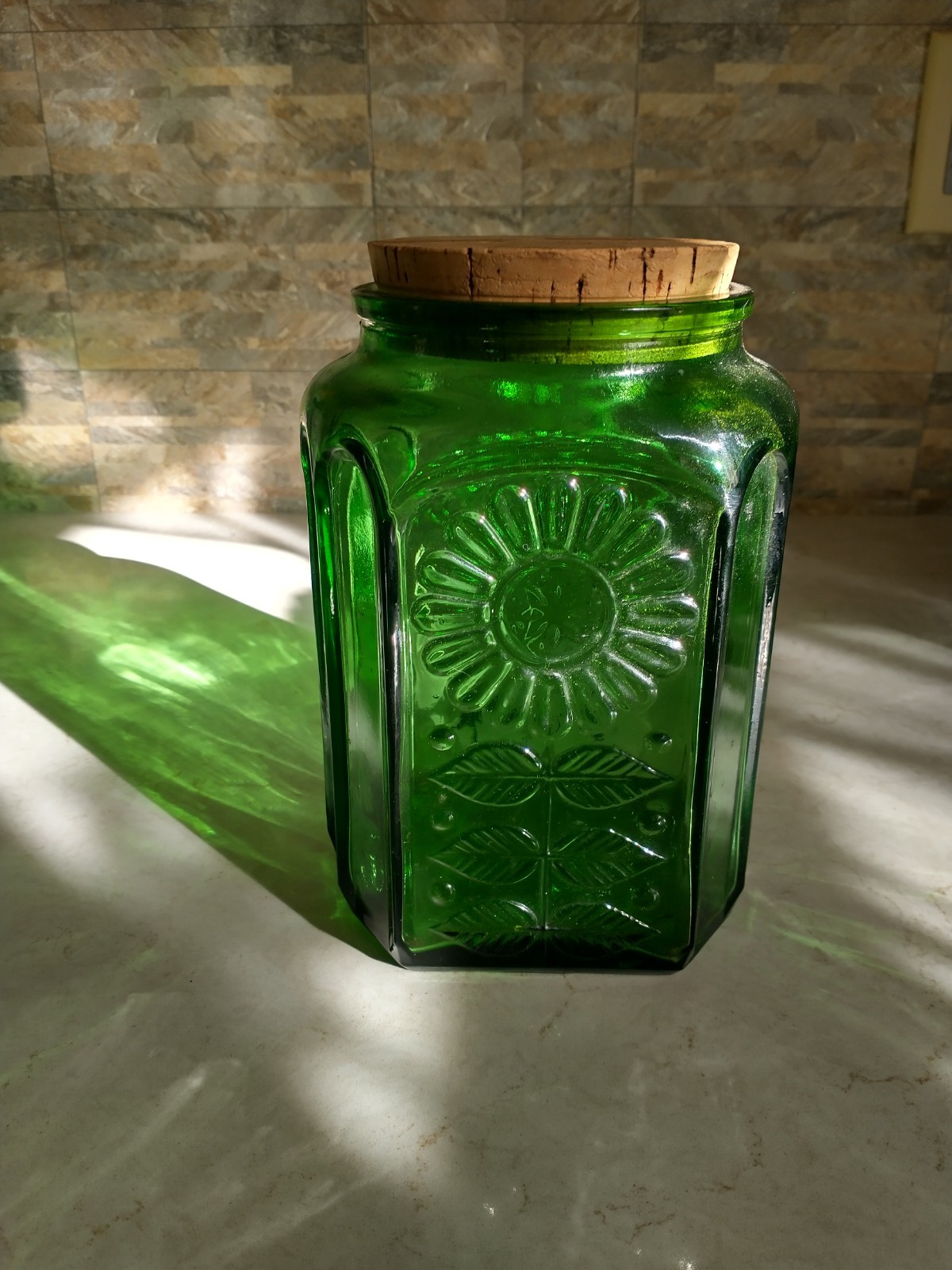 Vtg 60s Wheaton NJ Sunflower Green Glass VINTAGE Jar Kitchen Canister Decanter