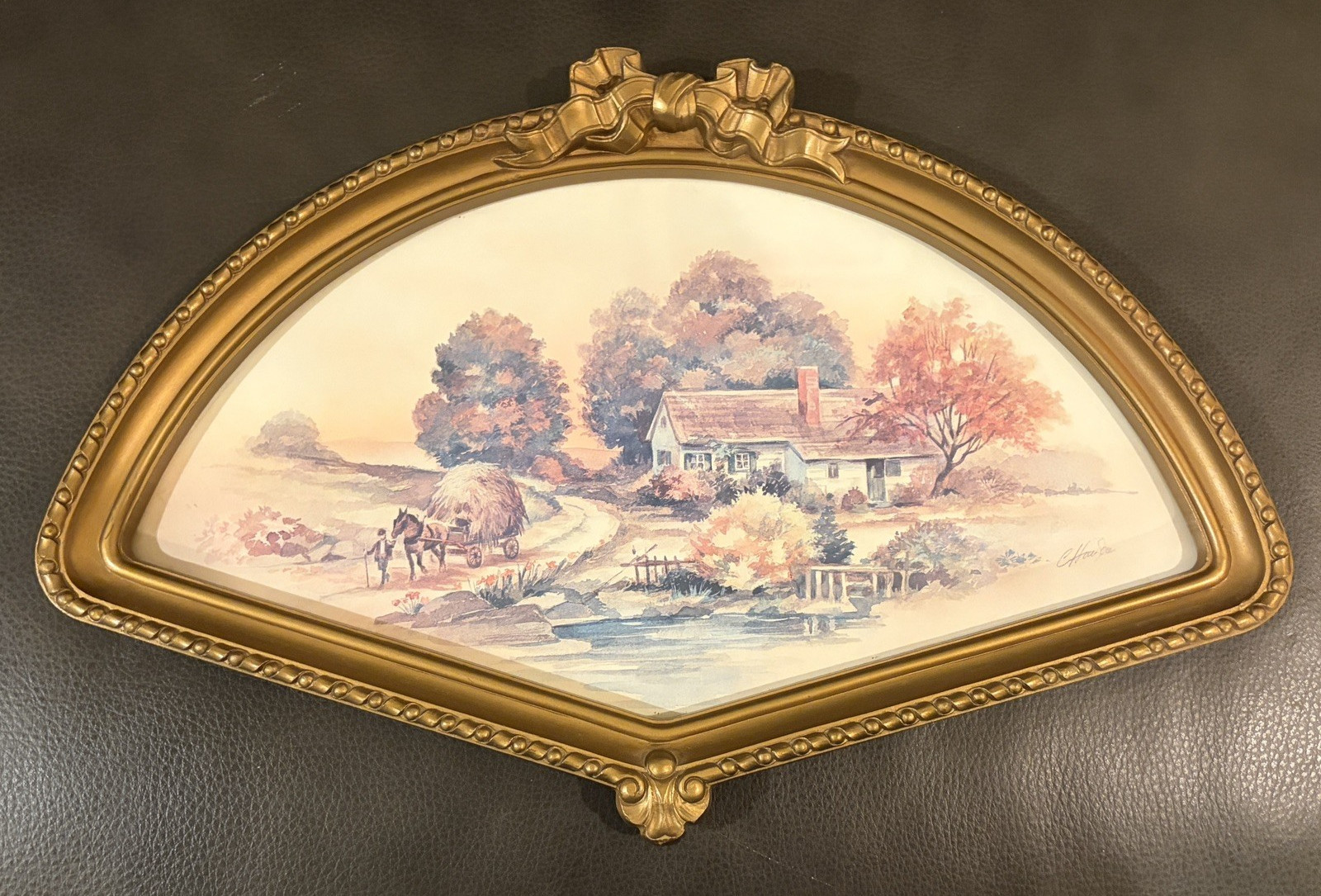 VTG Style Homco Fan Shape Gold Bow Framed Picture Autumn Harvest Cottage 16x10