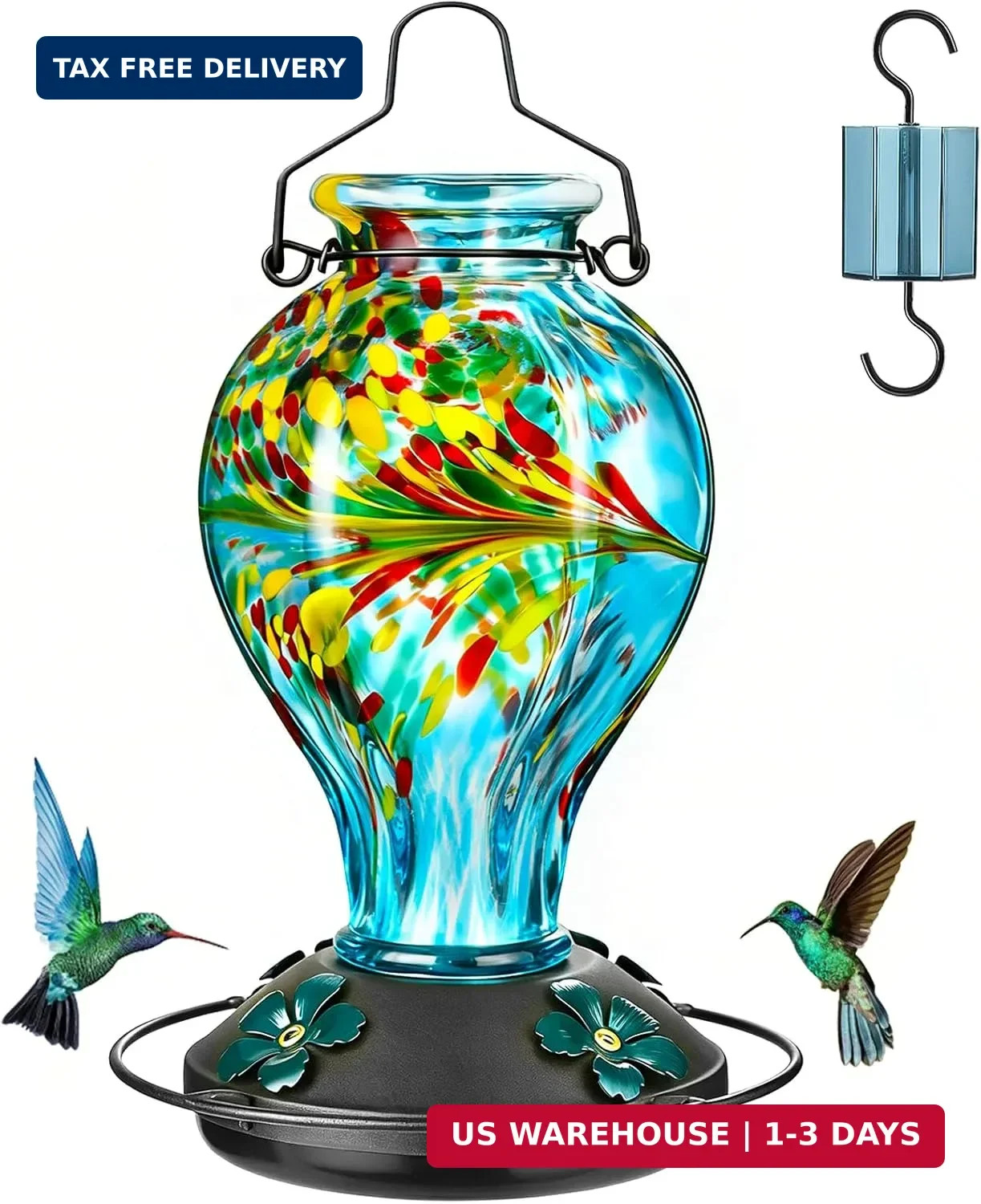 Hand Blown Glass Hummingbird Feeders for Outdoors Hanging, 24oz Wild Bird Nectar