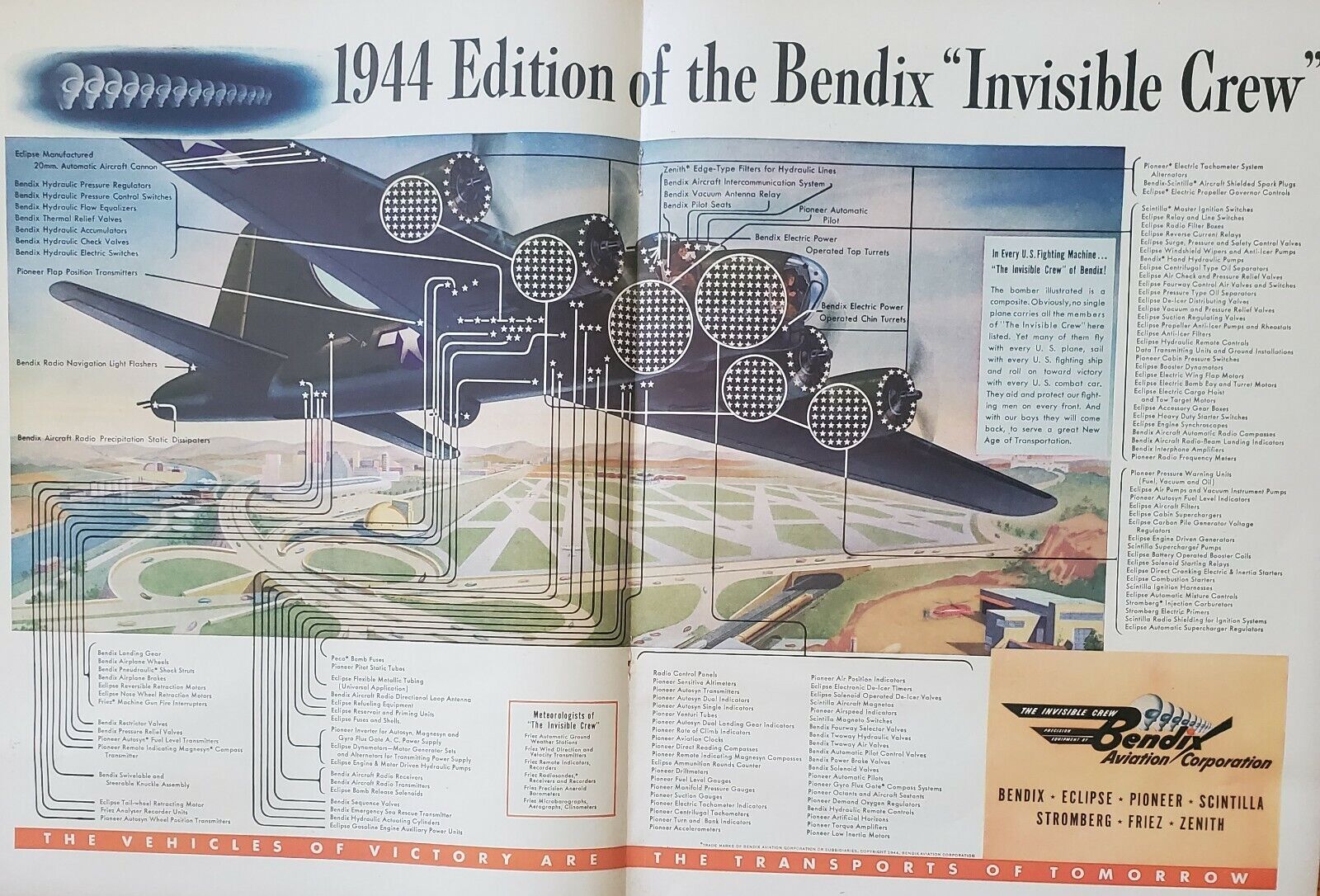 1944 Bendix Aviation Corp The Invisible Crew WWII Bomber Vintage Print Ad NICE