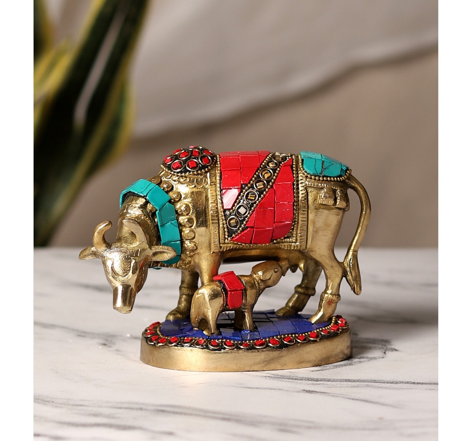 Gemstone Work 5.5 Inches Kamdhenu Cow Brass Showpiece