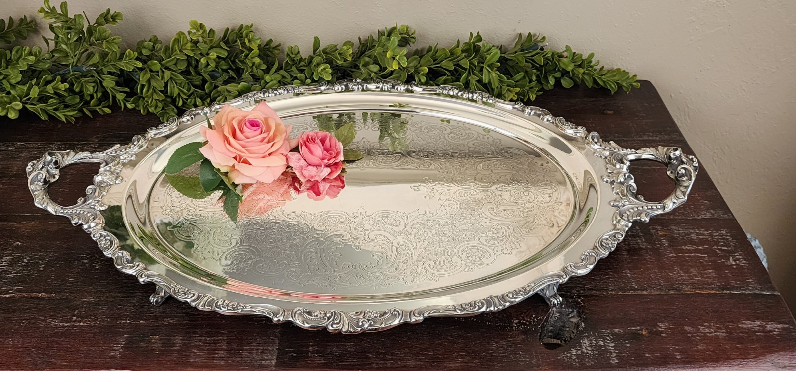 Gorgeous Vintage Baroque by Wallace Silverplate Large Footed Serving Tray 294F