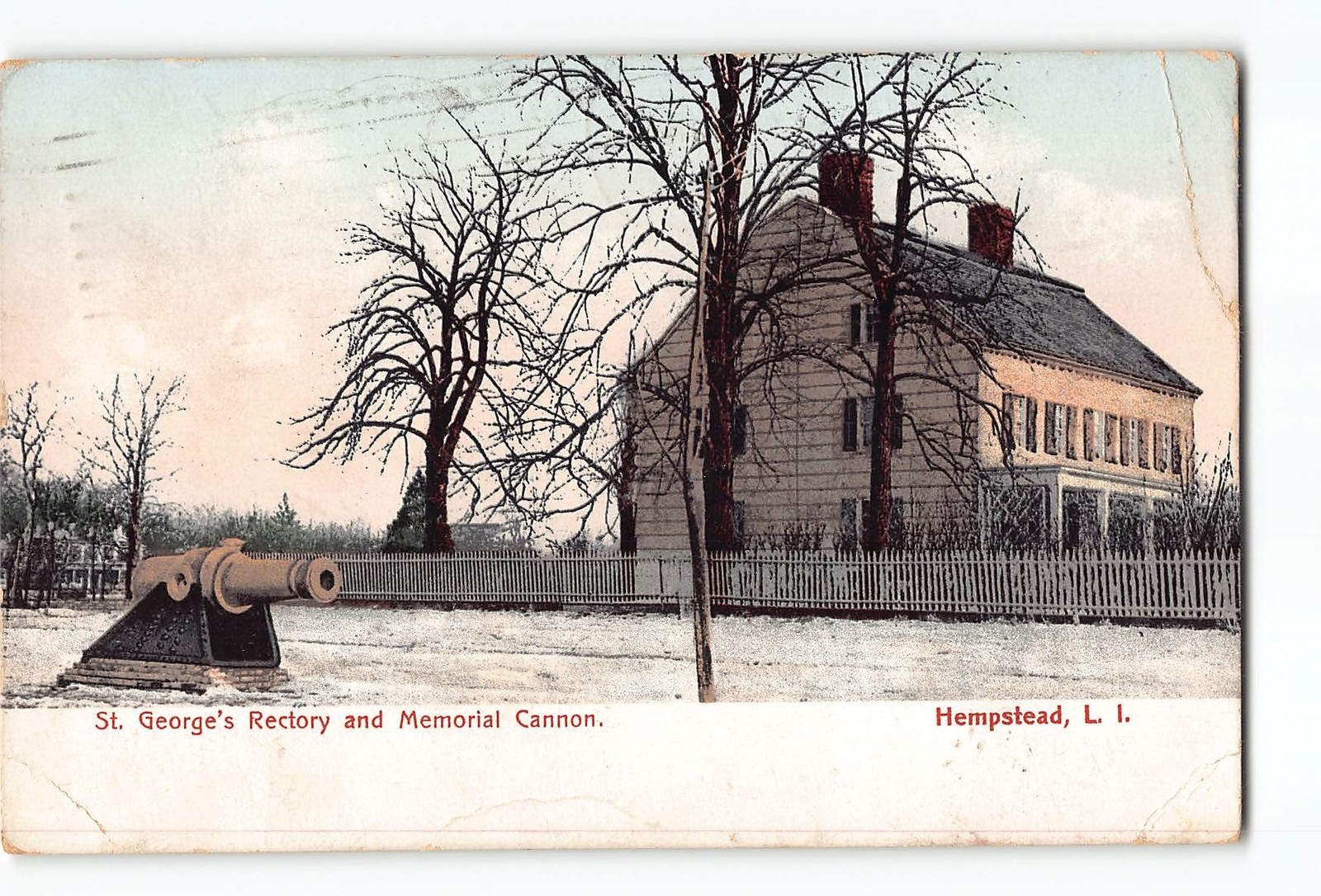 Hempstead Long Island NY Postcard 1912 St. George\'s Rectory And Memorial Cannon