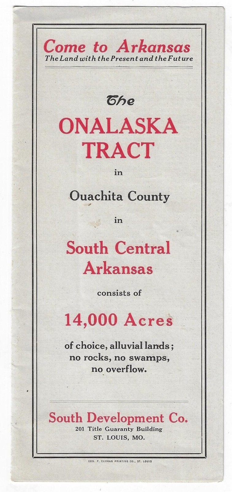 c. 1917 Arkansas Land Promotion Brochure Onalaska Tract Ouichita County