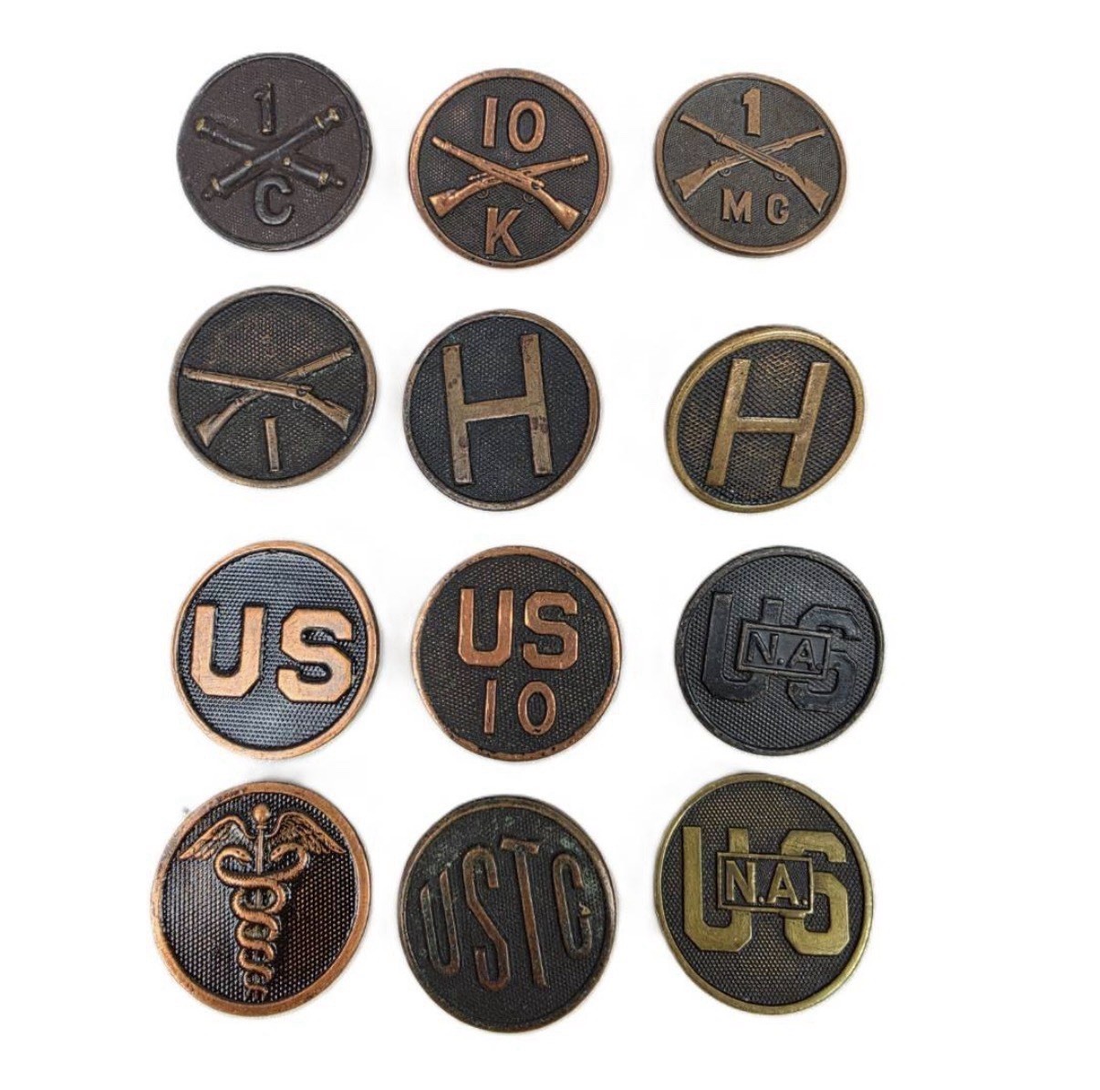 WWI US Army Collar Disc Lot 12 Antique Military Insignia Infantry Artillery USNA