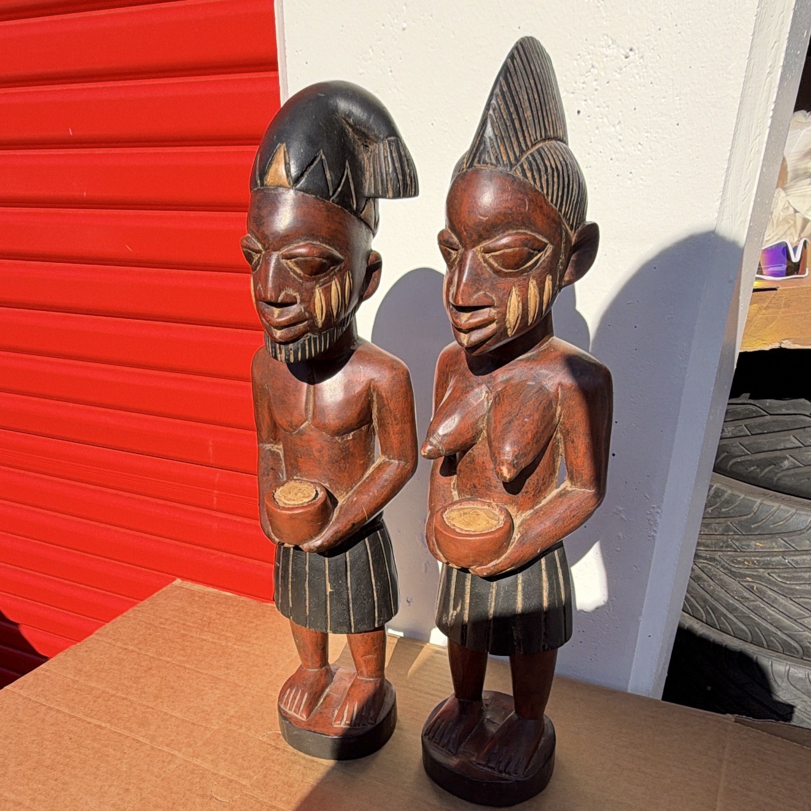 Pair of African Style Hand Carved Wooden Male Female Tribal Figures Statues Pair of African Style Hand Carved Wooden Male Female Tribal Figures Statues