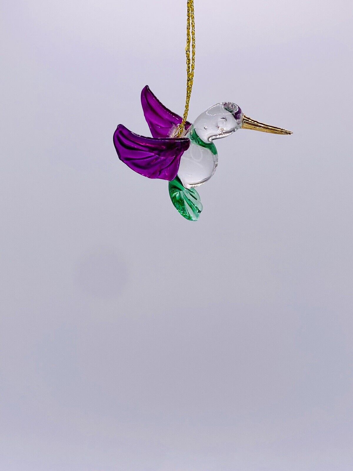 5 Hanging Humming Bird Purple Green Yellow Figurine of Blown Glass Crystal