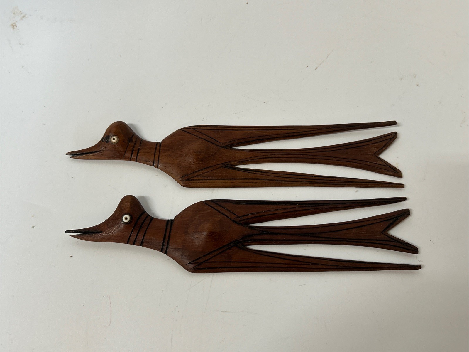 African Kenya Hand Carved Black Teak Wood Bird Hair Picks Wall Dec Swallows Pair
