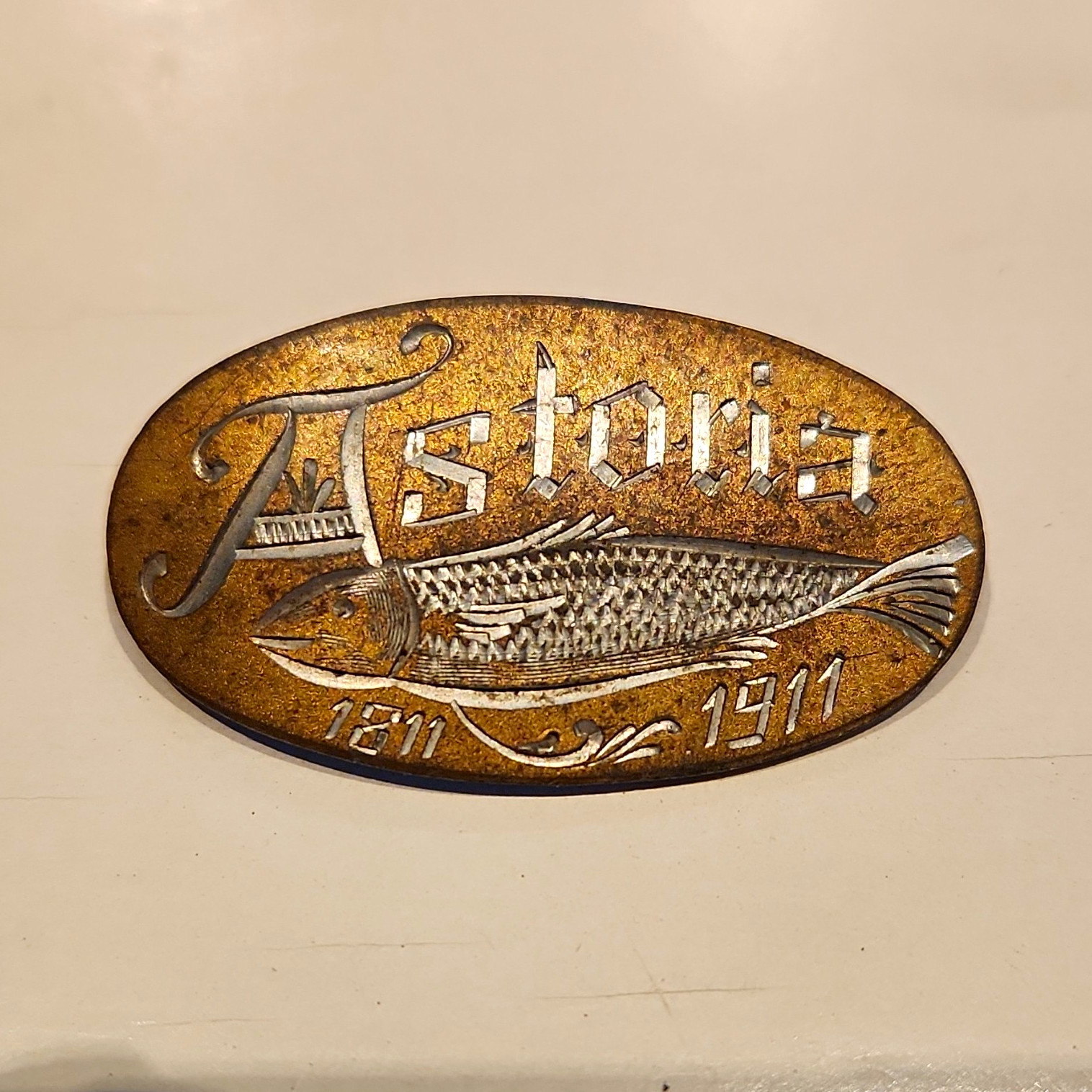 1911 Astoria Oregon Centennial Souvenir Pin Badge Broken Back Repair 1811-1911