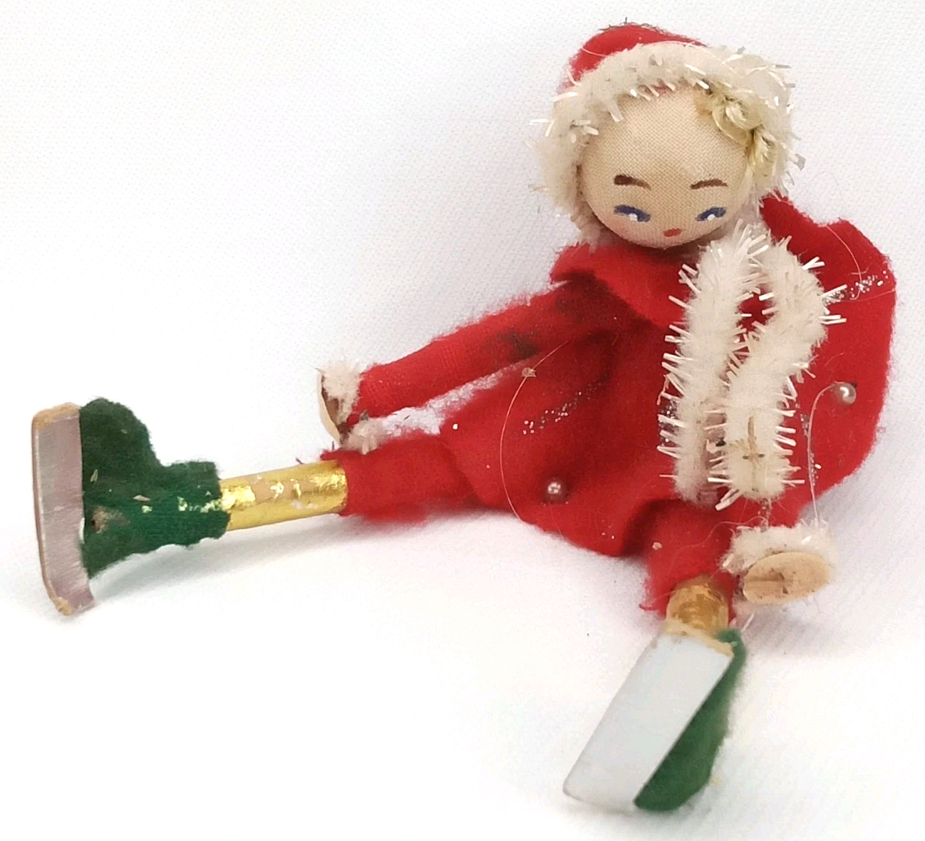 Tree Trimmings Christmas Ornament Spun Cotton Fallen Ice Skater Vintage 1950s 