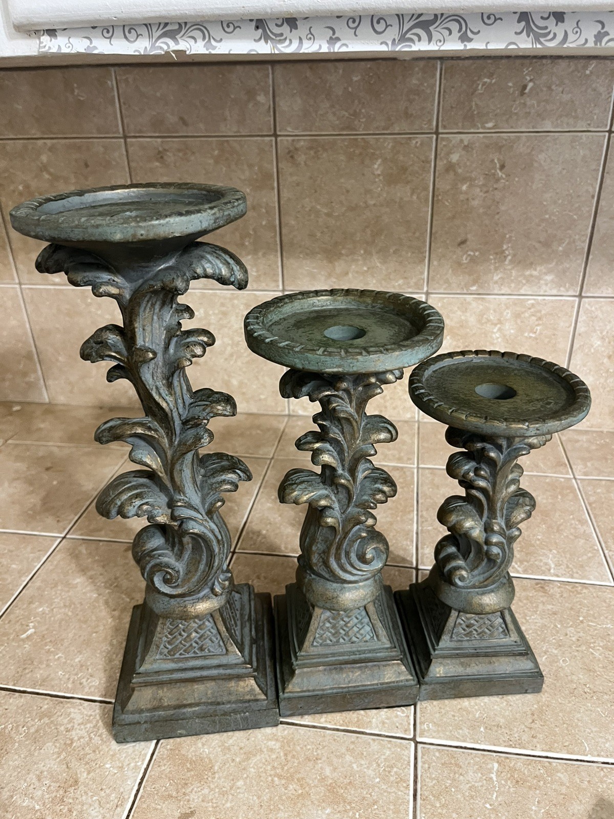 3 Vintage Piller Candle Holder French Heavy Base Resin Antiqued Old World Gothic