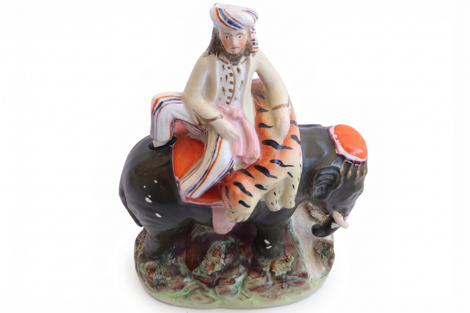 Staffordshire Antique Elephant Figurine Man Rider Tiger Saddle 9\