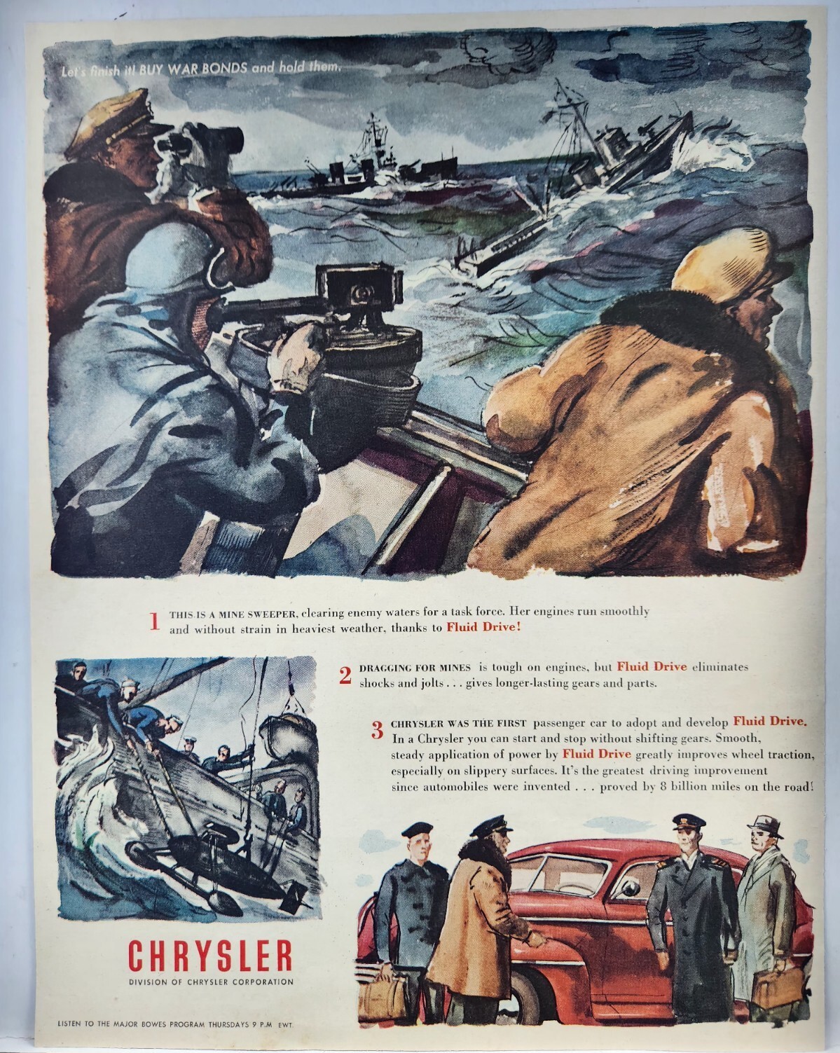 1945 Chrysler WWII Era Mine Sweeper Boat Original Print Ad Life Magazine 40s
