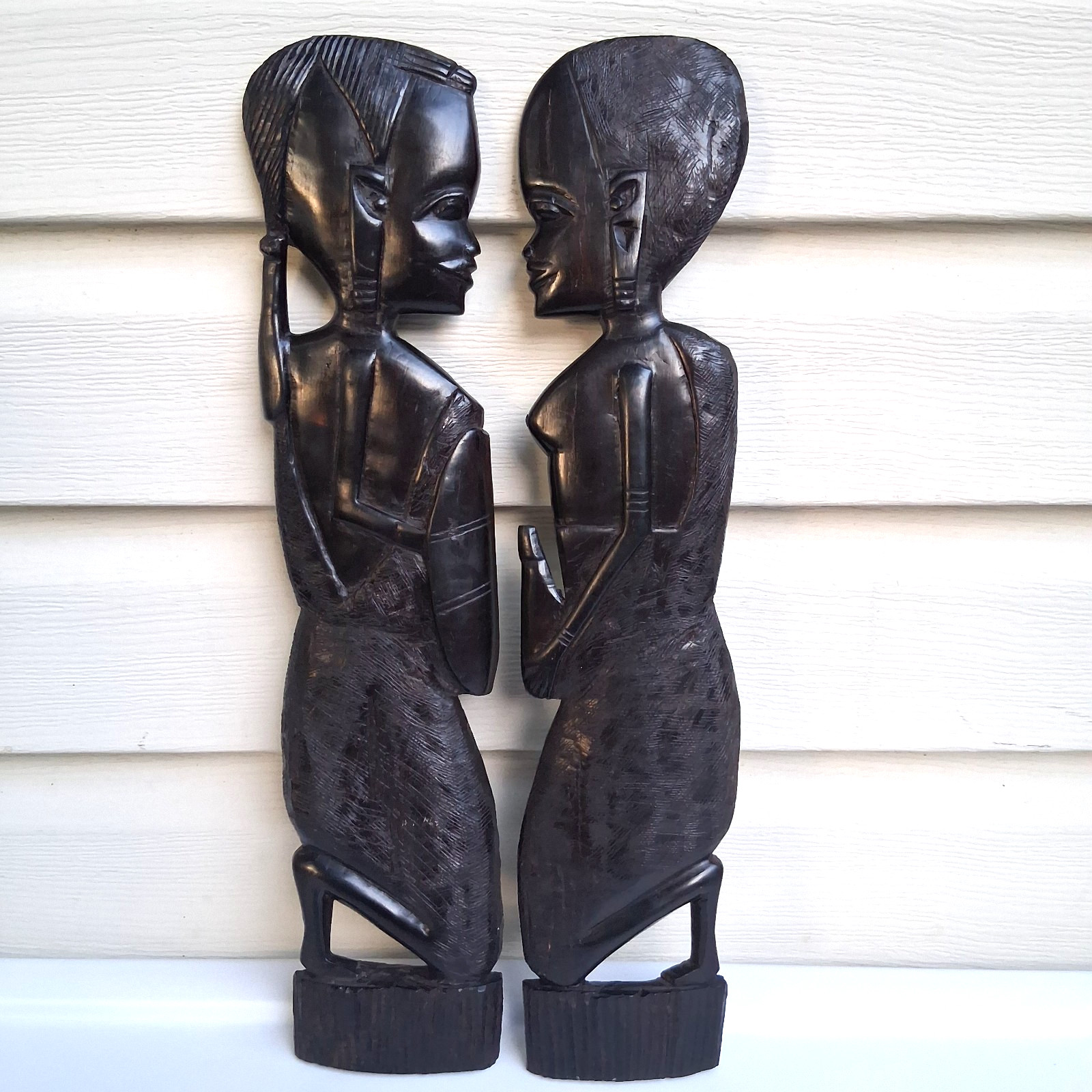 Vintage Authentic African Hand Carving Ebony Wood Pair Man Woman Wall Art 17\