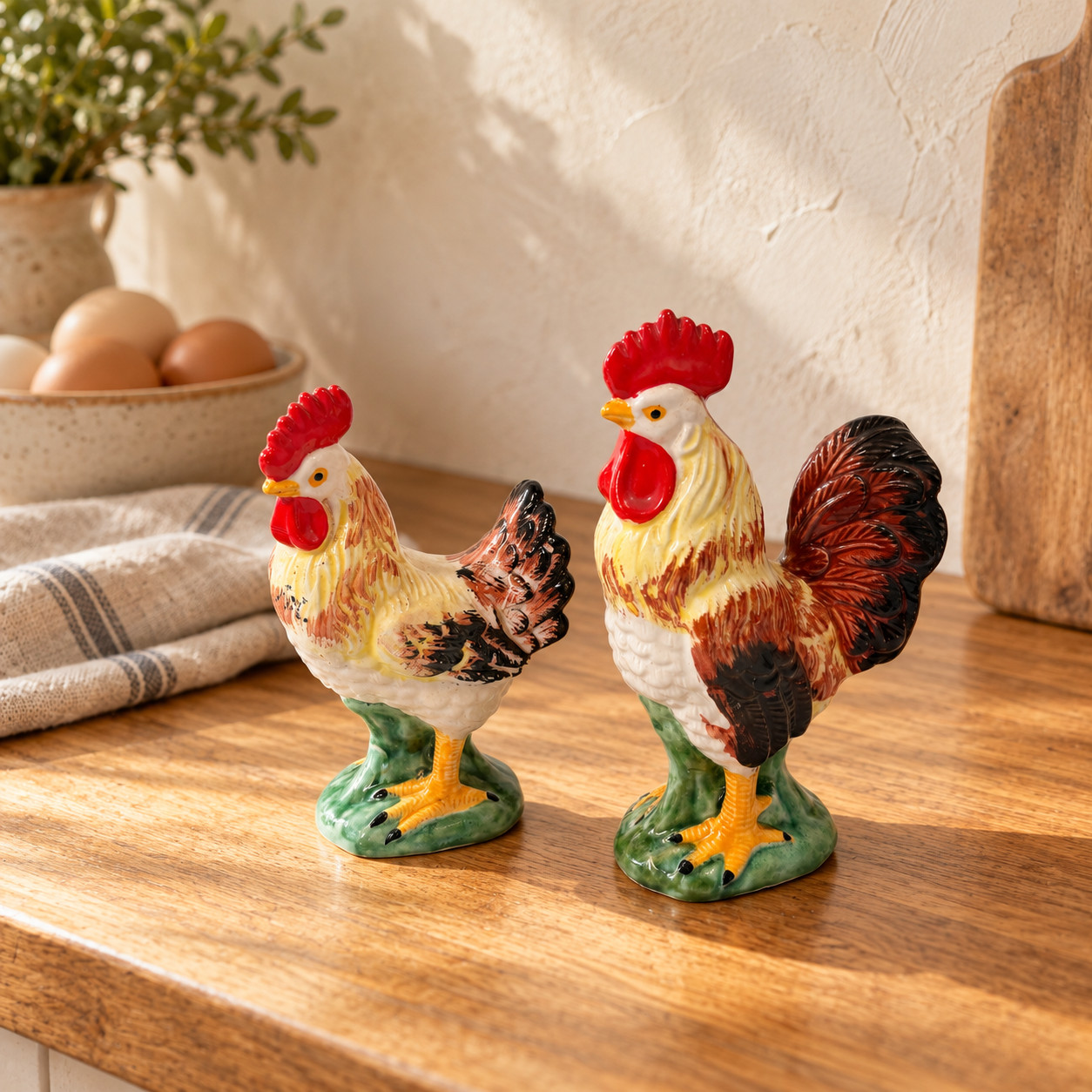 Vintage Lefton Rooster Figurines Pair H3072 Ceramic Chickens 6\