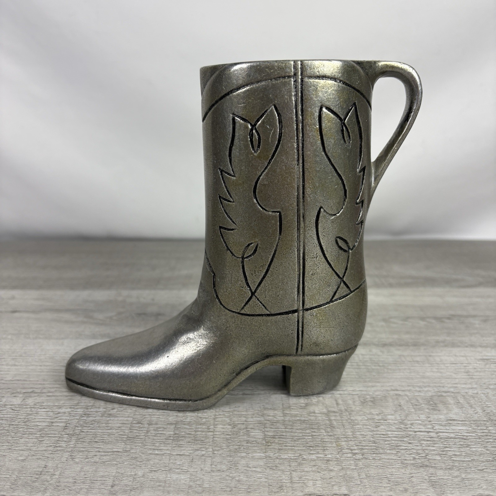 Vintage Pewter Cowboy Boot Mug Pitcher Western Flame Stitch Metal Decor 6”