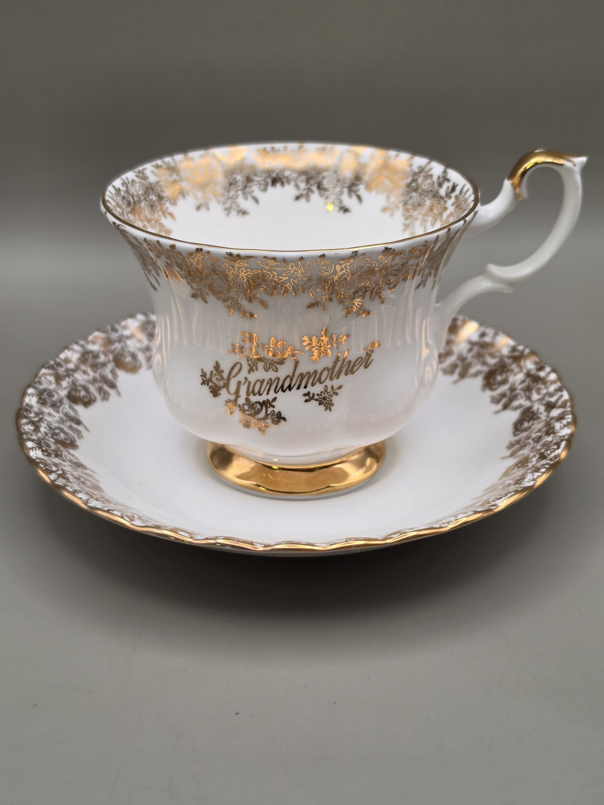 Royal Albert Grandmother Teacup & Saucer White Gold Floral Bone China England