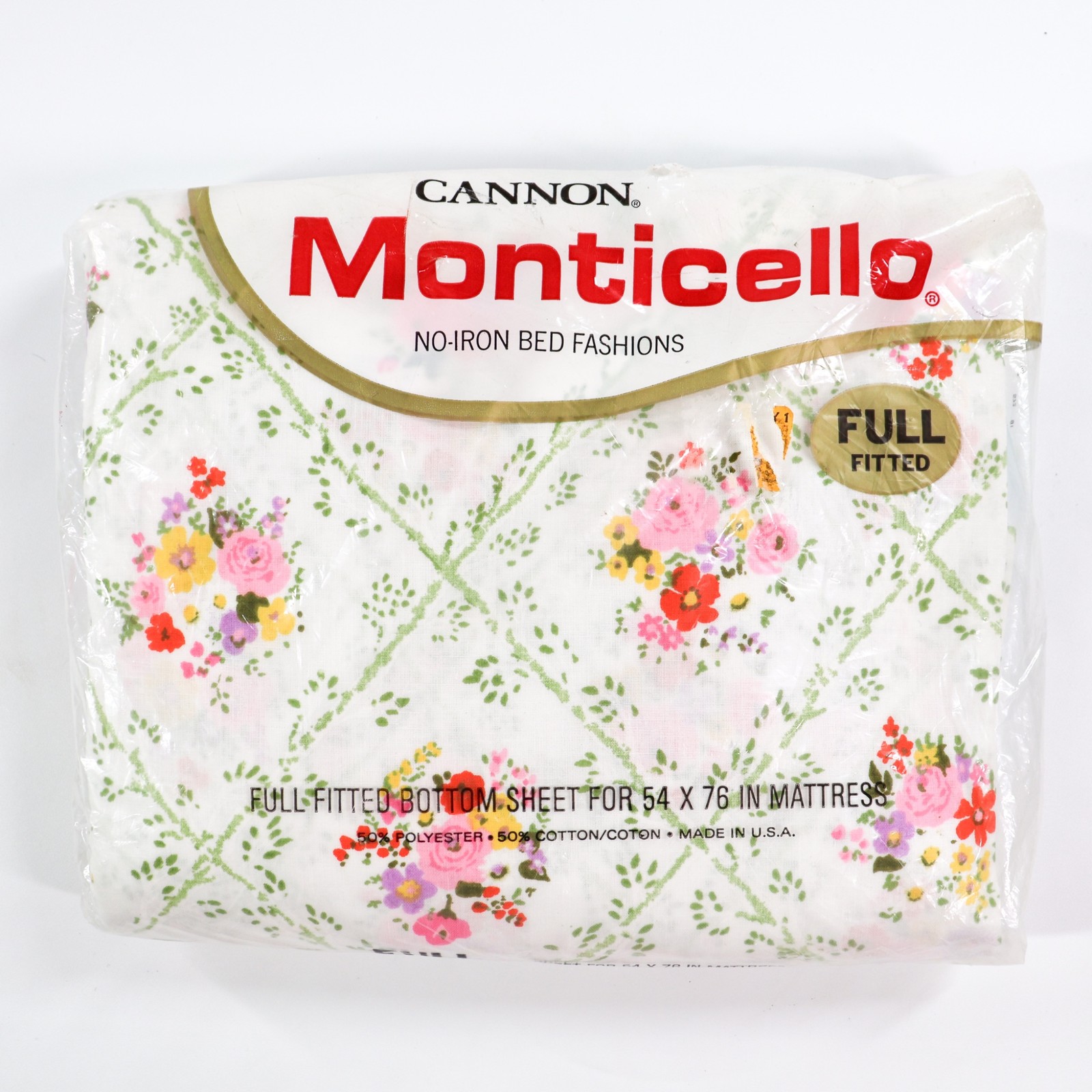 Vintage Cannon Monticello Full Fitted Bed Sheet Floral Flowers NIP 1970s Fabric