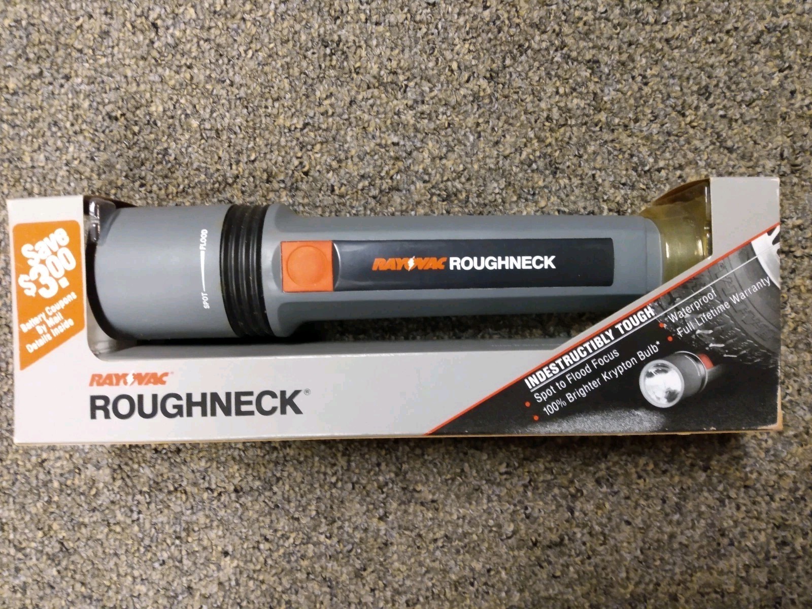 NEW Vintage Rayovac Roughneck Waterproof Flashlight 3D Batteries RARE RN3   NOS