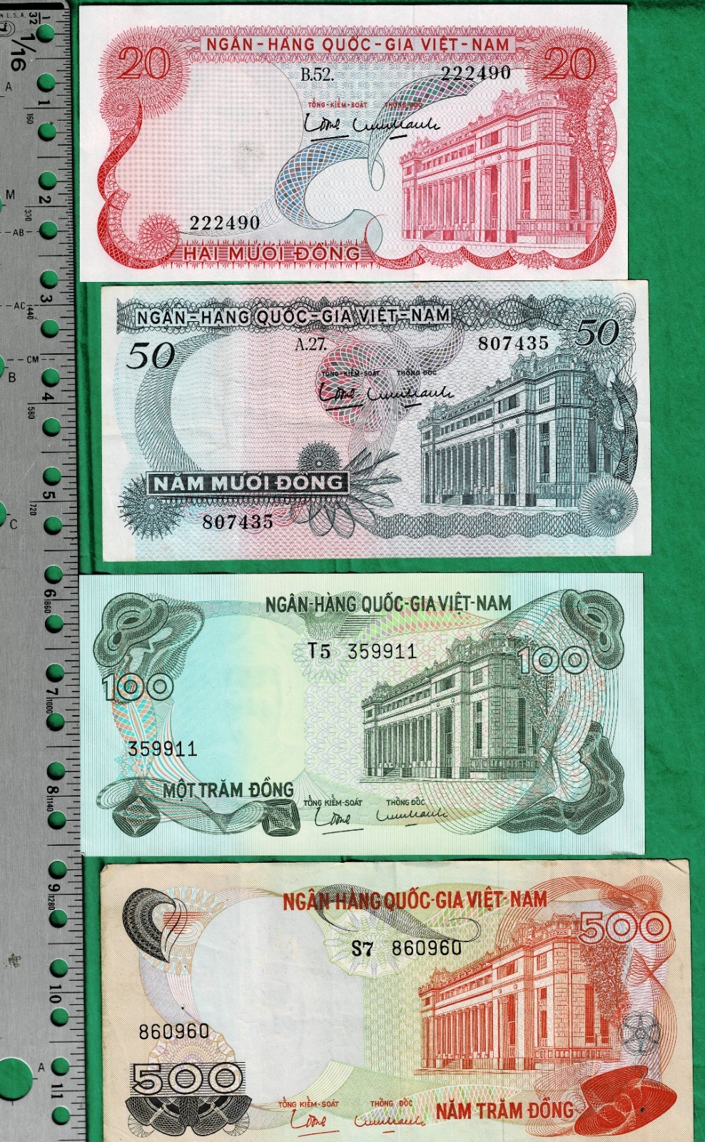 South Viet-Nam 20, 50, 100 & 500 Đồng 1970- 4 Lot  Vietnam War Era Banknote