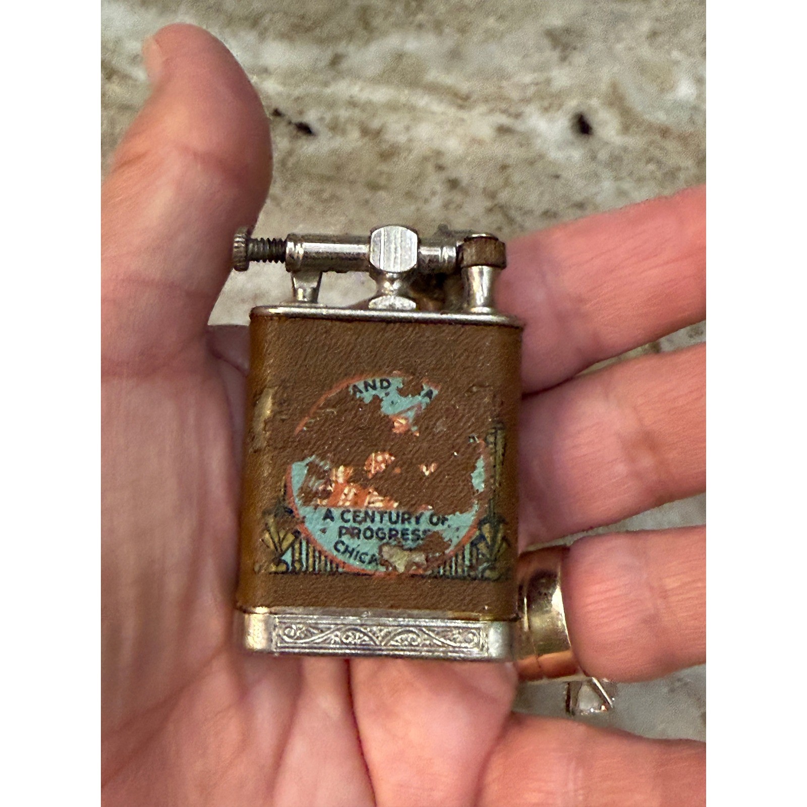 Vintage 1933 Chicago Worlds Fair A Century of Progress Lift Arm Lighter Leather
