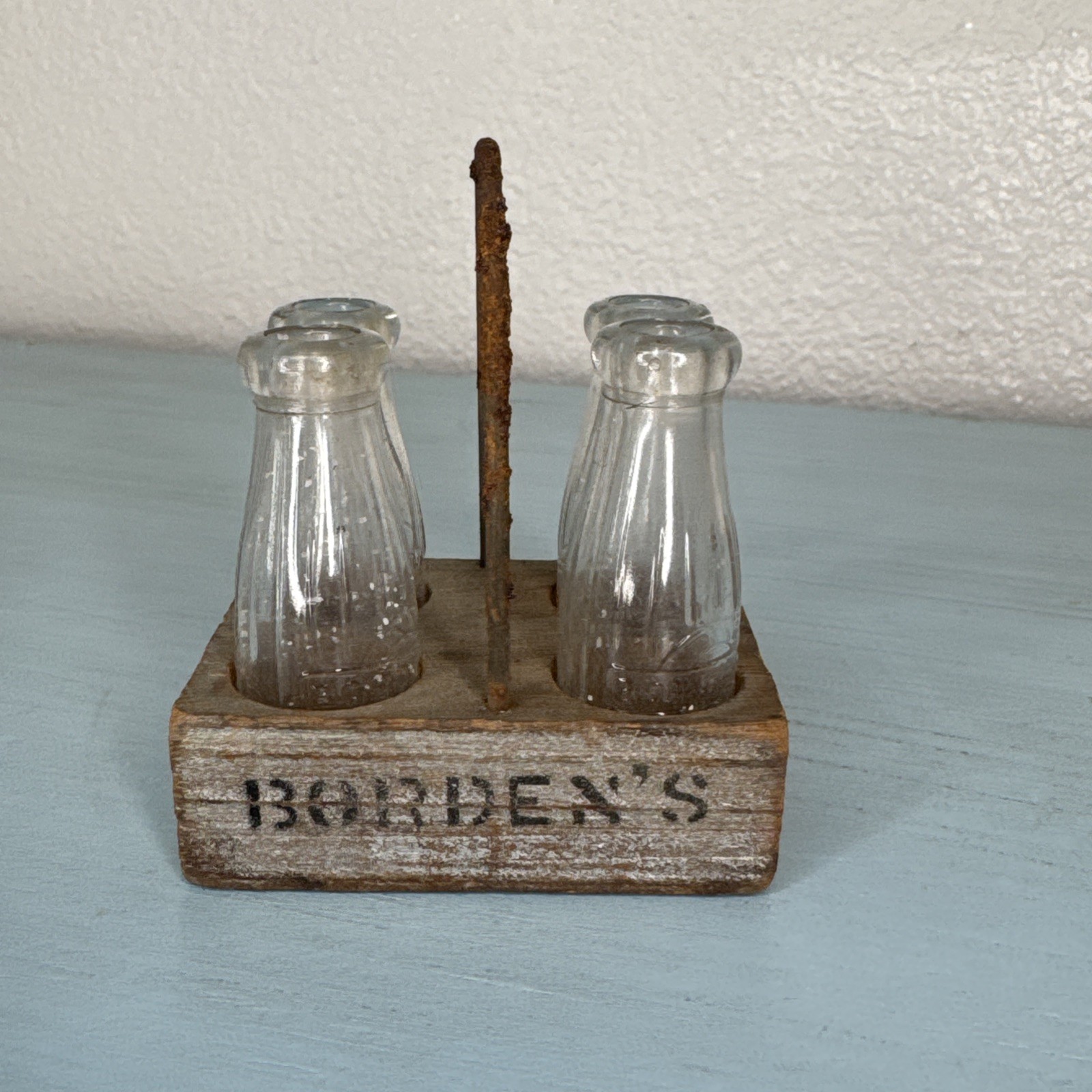 Vtg Miniature Borden's Glass Milk Bottles Embossed w Carrier Holder Dairy Farm