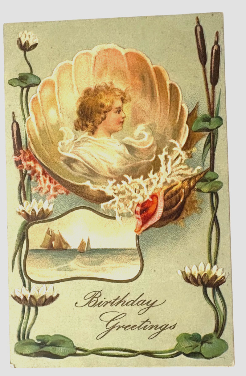 Lovely Vintage Birthday Greeting Postcard w/ Lady In A Clam Shell - Unused *