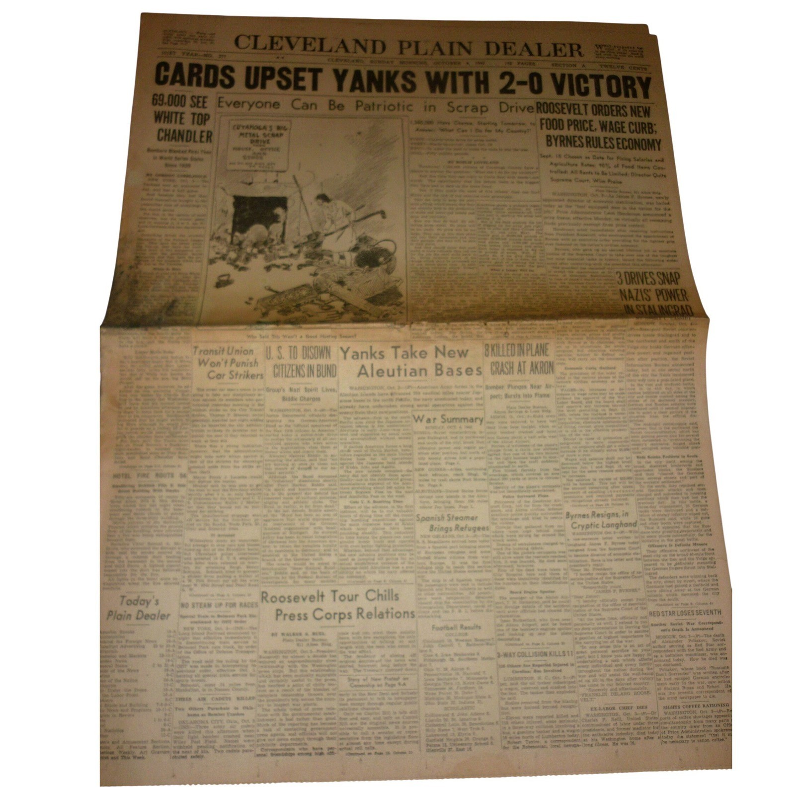 Oct 4 1942 Cleveland Plain Dealer WWII Newspaper 1942 World Series Cardinals