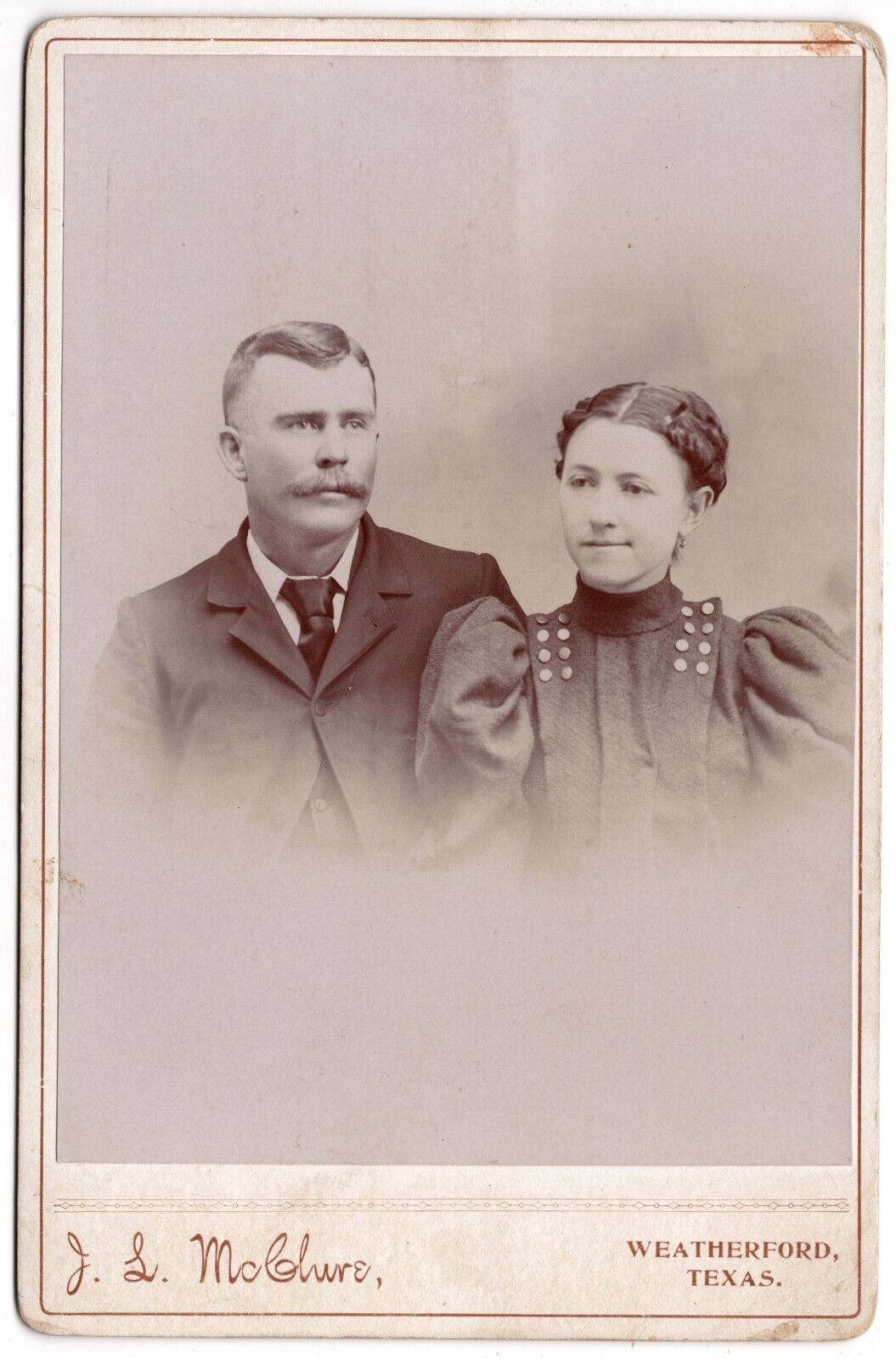 CIRCA 1890s CABINET CARD J.L. McCHURE ROMANTIC HUSBAND & WIFE WEATHERFORD TEXAS