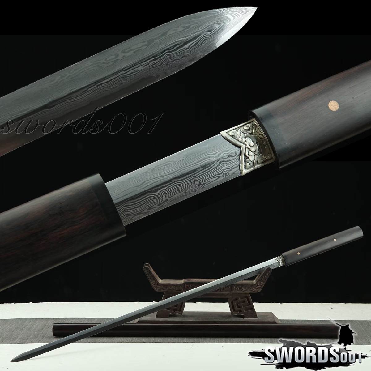 38’’ Chinese Sword Jian Low-meteorite Damascus Steel Blade Ebony Handle Scabbard