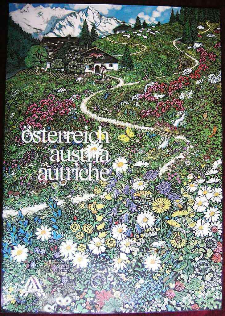 Original Poster Austria Osterreich Flowers Mountain Hut Alps Painting 1978