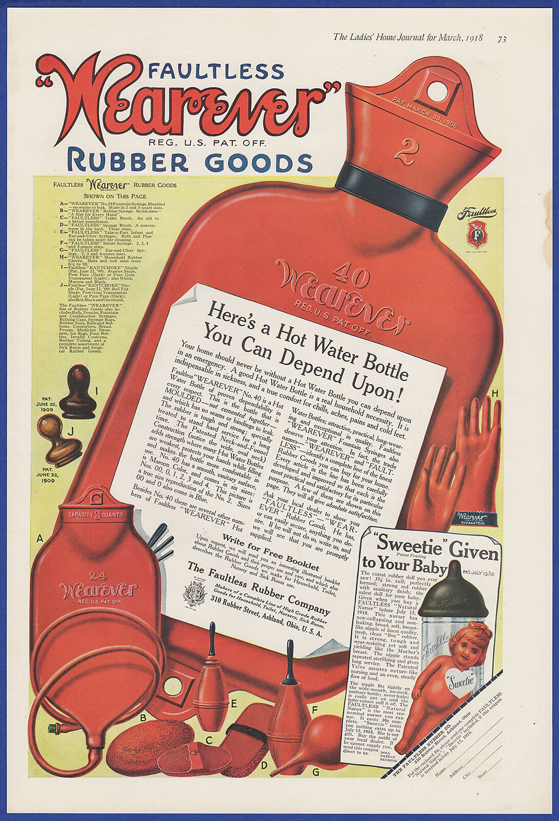 Vintage 1918 WEAREVER Faultless Hot Water Bottle Rubber Goods Ephemera Print Ad