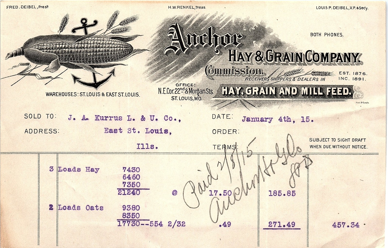 1915 Anchor Hay & Grain Co. St. Louis Billhead