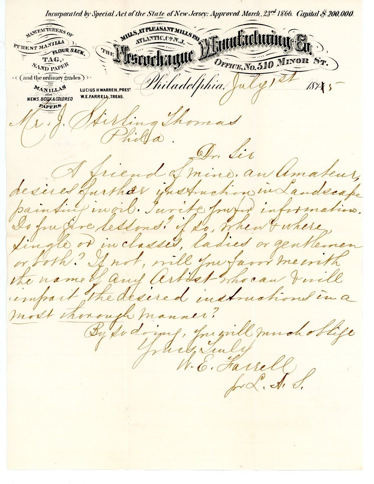 1875 Handwritten Letterhead Nescochague Mills Atlantic Co. NJ Philadelphia PA