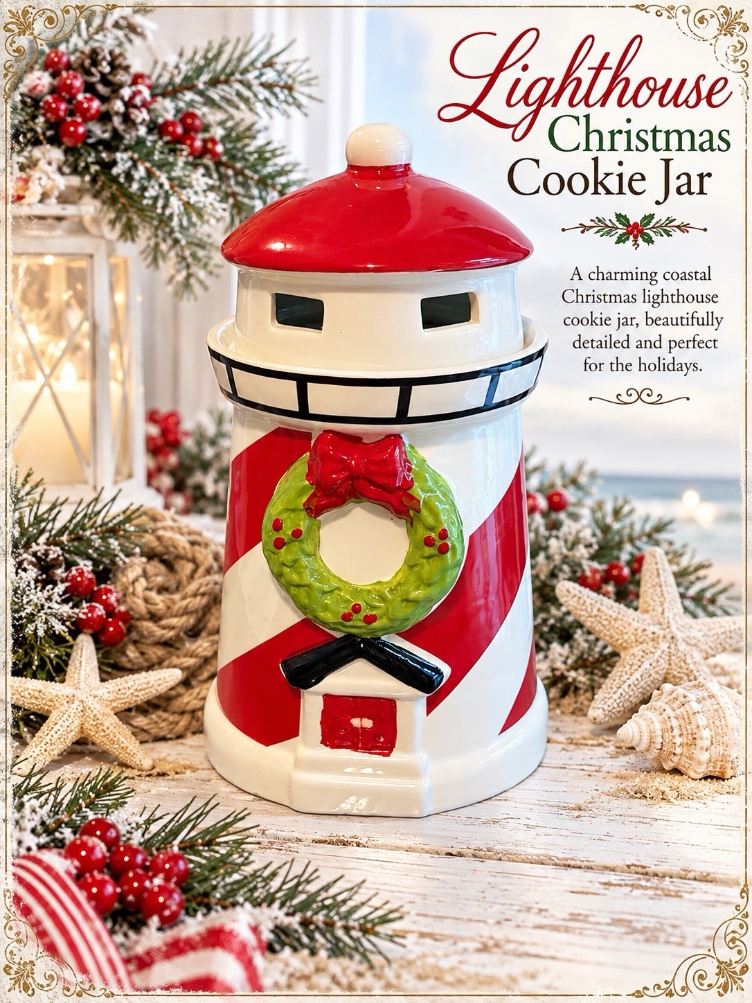 Simply Holiday Lighthouse Christmas Cookie Jar – Red & White Coastal Beach Décor
