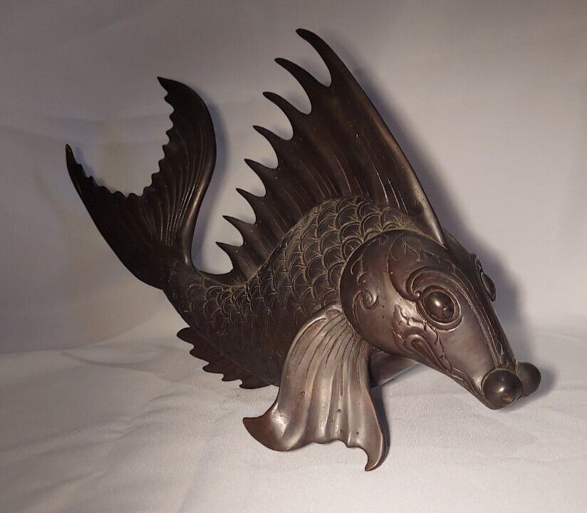 Bronze Sculpture Koi Fish Figure Signed By Santi - Vintage 1980