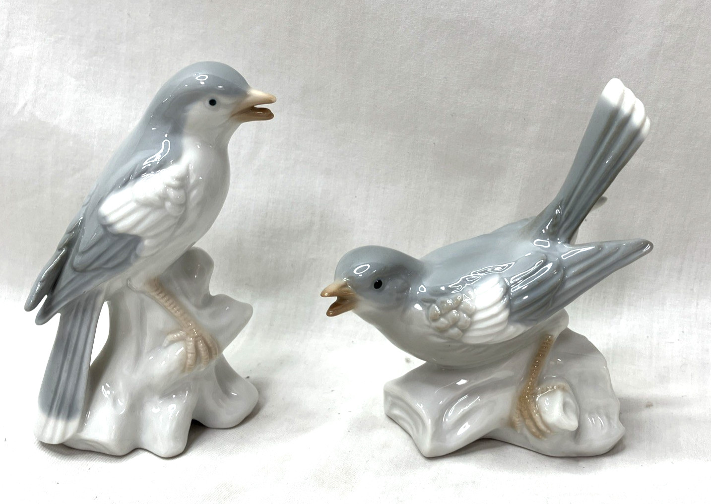 Vintage Porcelain Bird Figurines Pair Japan Blue Gray Gloss Perched 4.5”