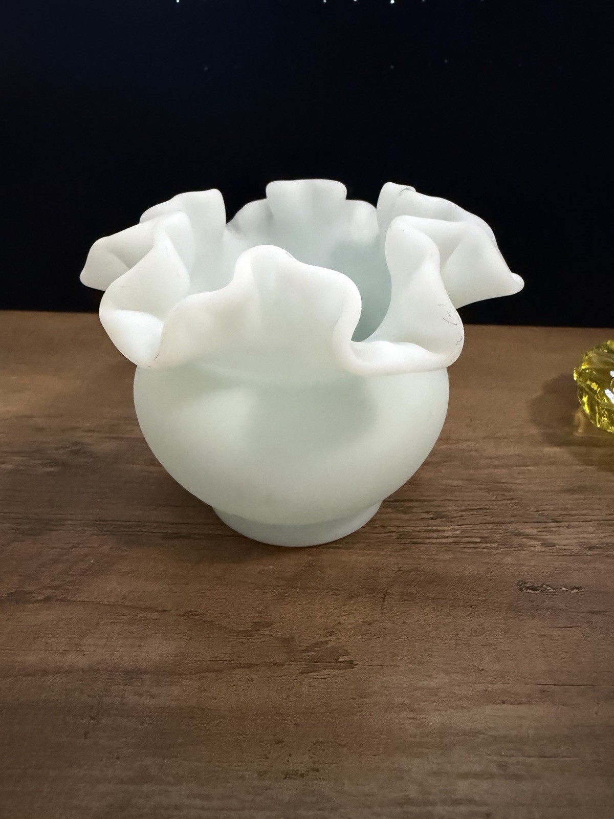 VINTAGE FENTON Satin Milk Glass Ruffle Vase 4”