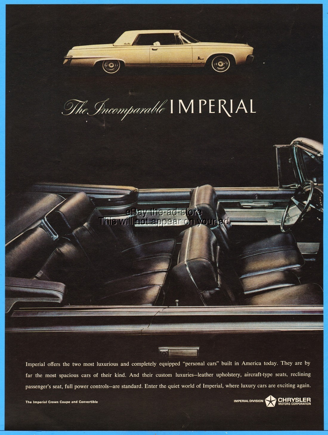 1964 Chrysler Imperial Crown Coupe Convertible Vintage 1960s Car Ad Incomparable