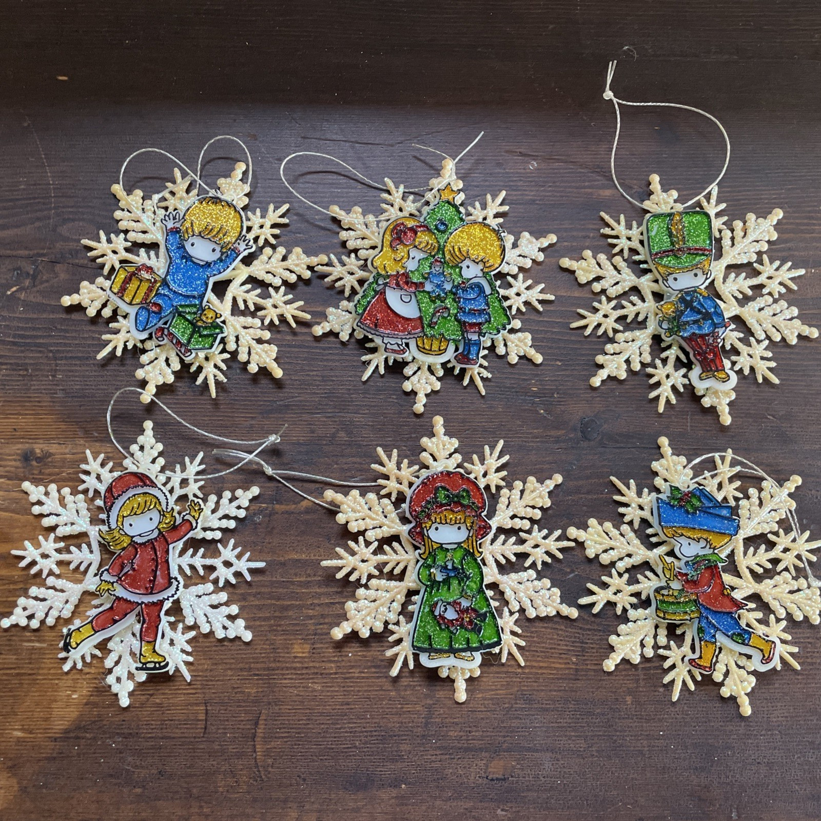 SET OF 6 JOAN WALSH ANGLUND GLITTER SNOW FLAKE SUN CATCHER CHRISTMAS ORNAMENTS