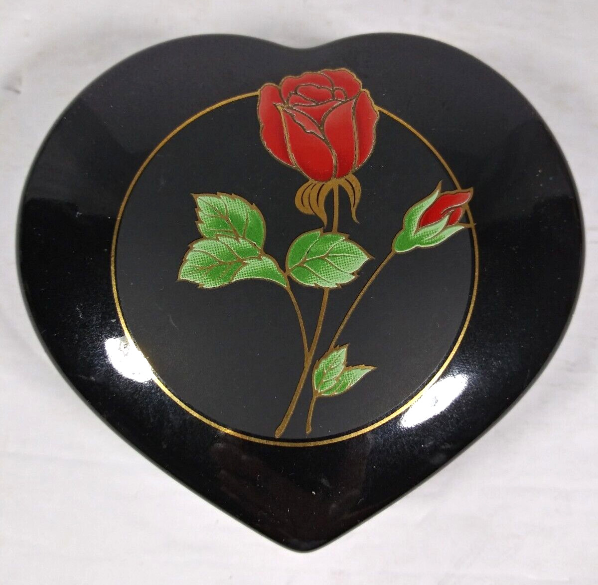 Vintage Otigiri Crimson Rose Porcelain Black Heart Shaped Trinket Box Japan