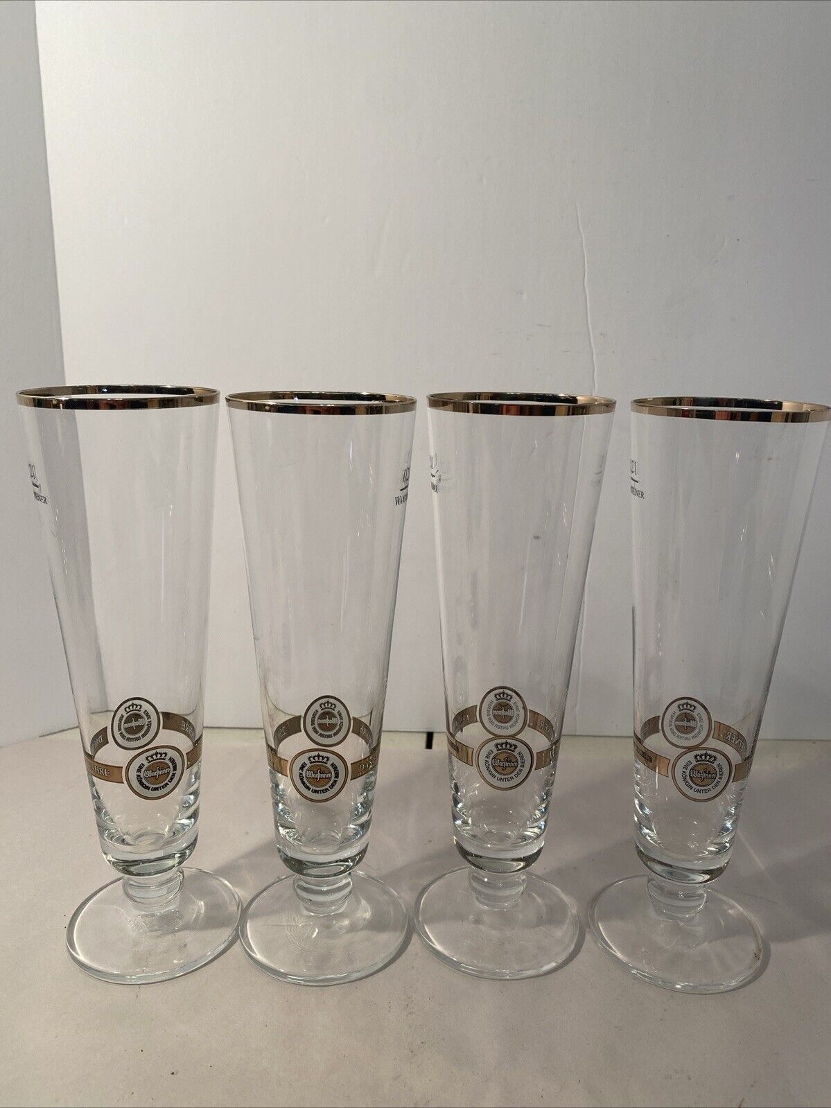 4 WARSTEINER Beer Glasses - 8” Tall - Gold Rim .2L- Das Einzig Wahre