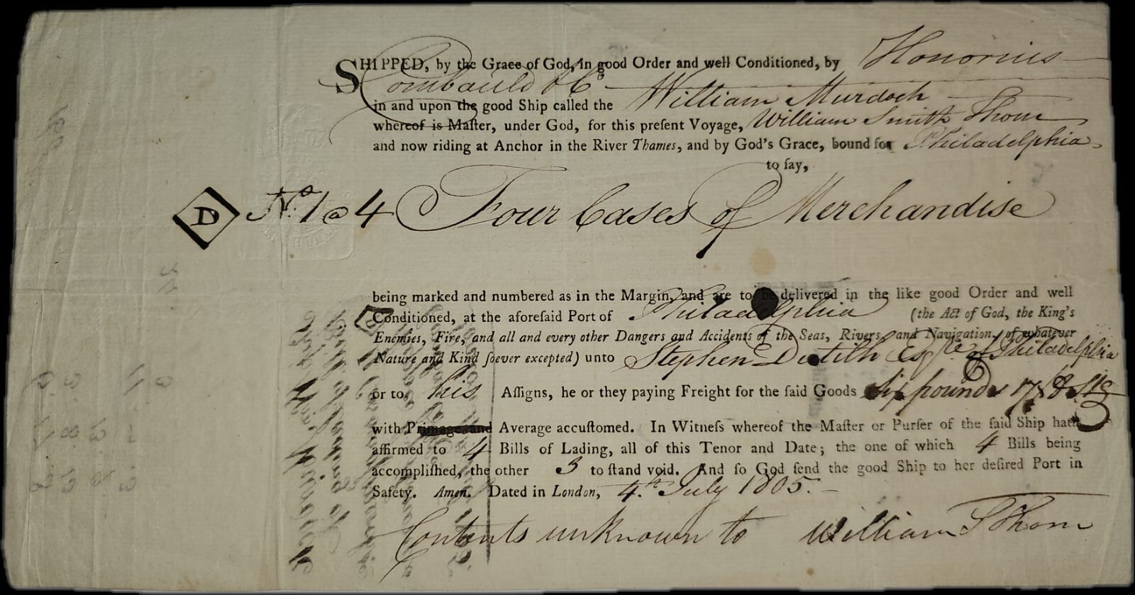 1805 Original Bill of Lading - London to Philadelphia aboard the William Murdoch