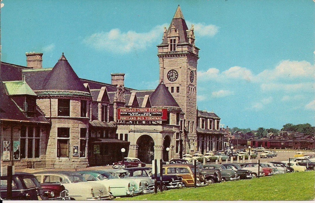 Portland ME Union Train Station, RR Depot, Cars 1950-60 Maine Chrome
