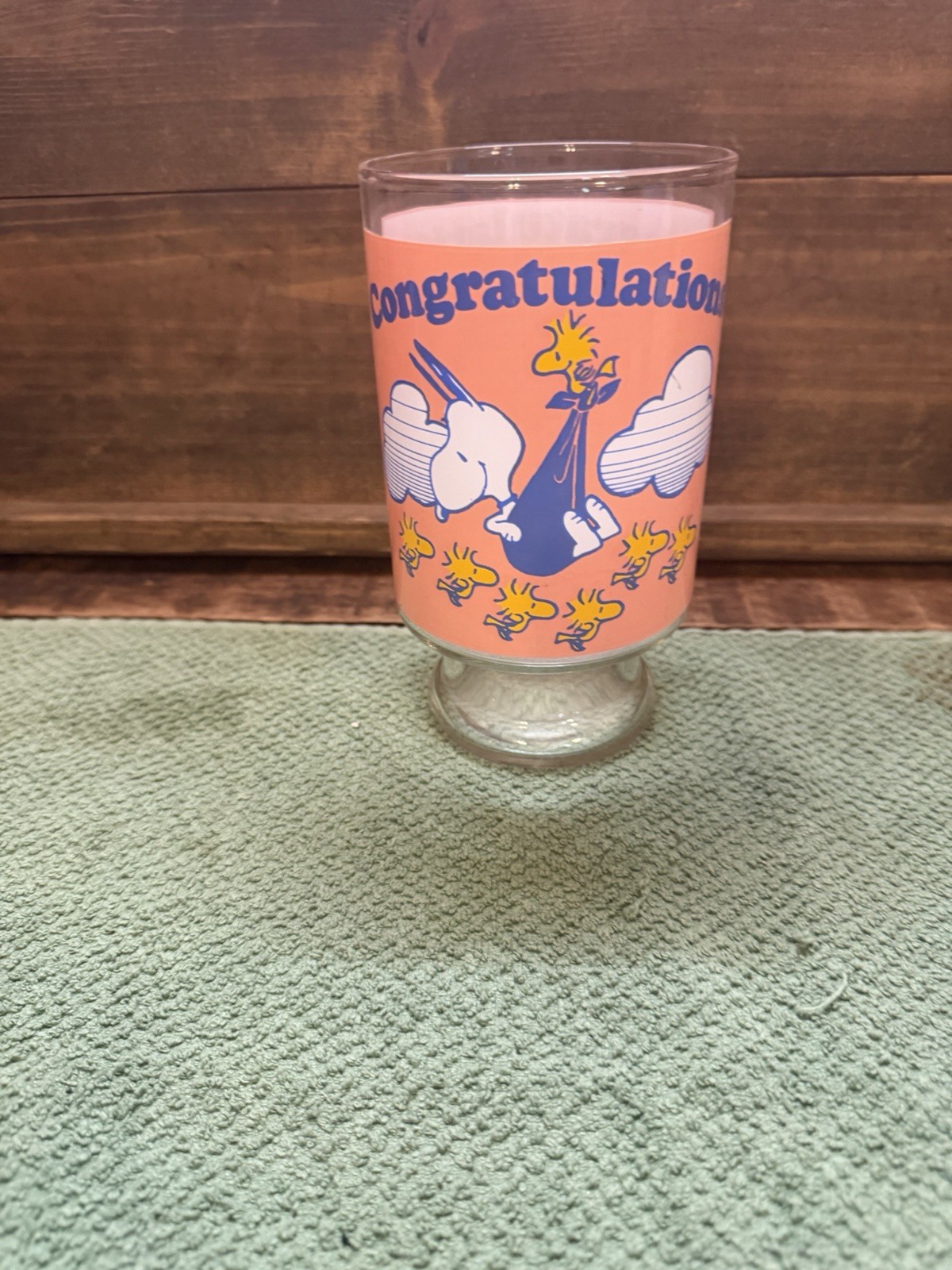 Vintage Woodstock Peanuts Glass Congratulations Pedestal Cup UFS